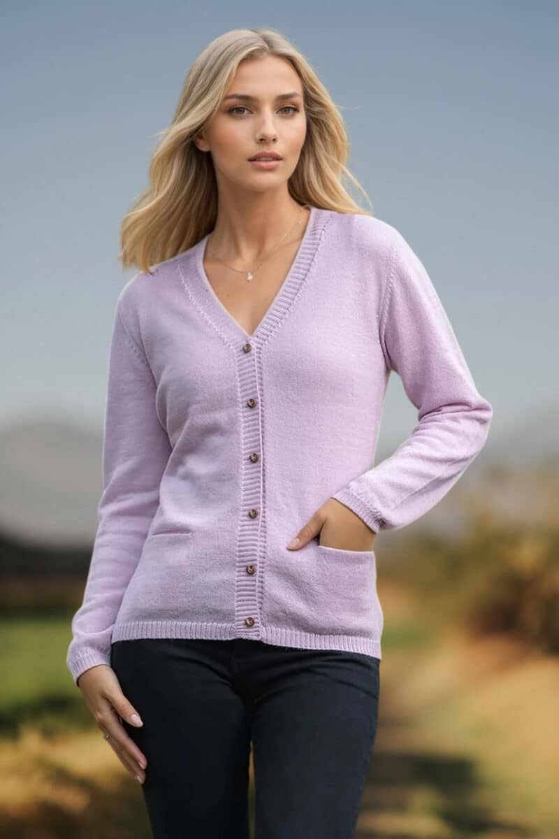 100% Pure Baby Alpaca Essential Cardigan in Orchid Ice - A Cool, Icy, Lavender-Pink