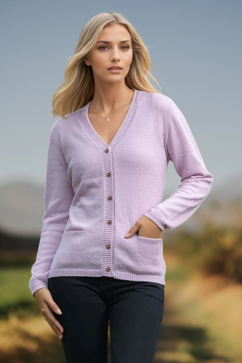 100% Pure Baby Alpaca Essential Cardigan in Orchid Ice - A Cool, Icy, Lavender-Pink