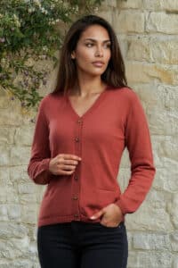 100% Pure Baby Alpaca Essential Cardigan in Tandoori Spice. Also available in Black and Orchid Ice