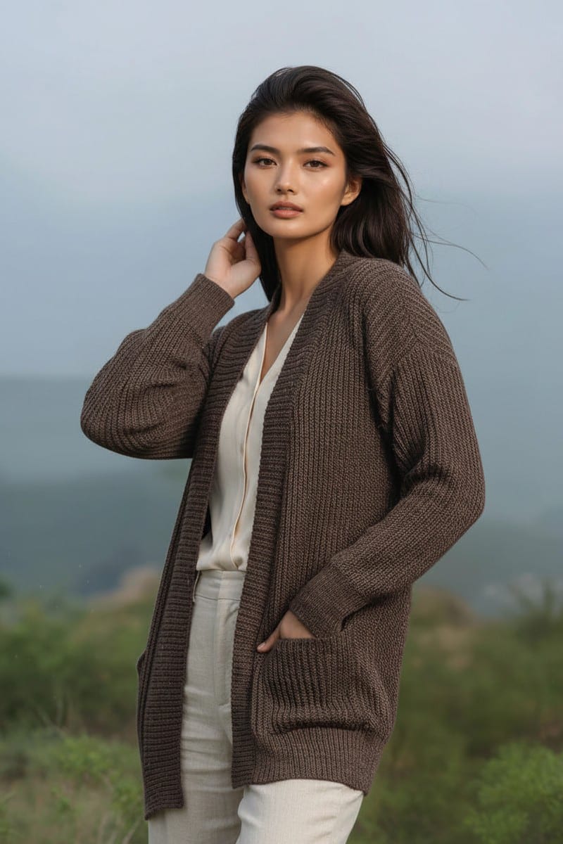Woman posing outdoors in a brown knitted cardigan over a cream blouse with hands in pockets against a nature backdrop