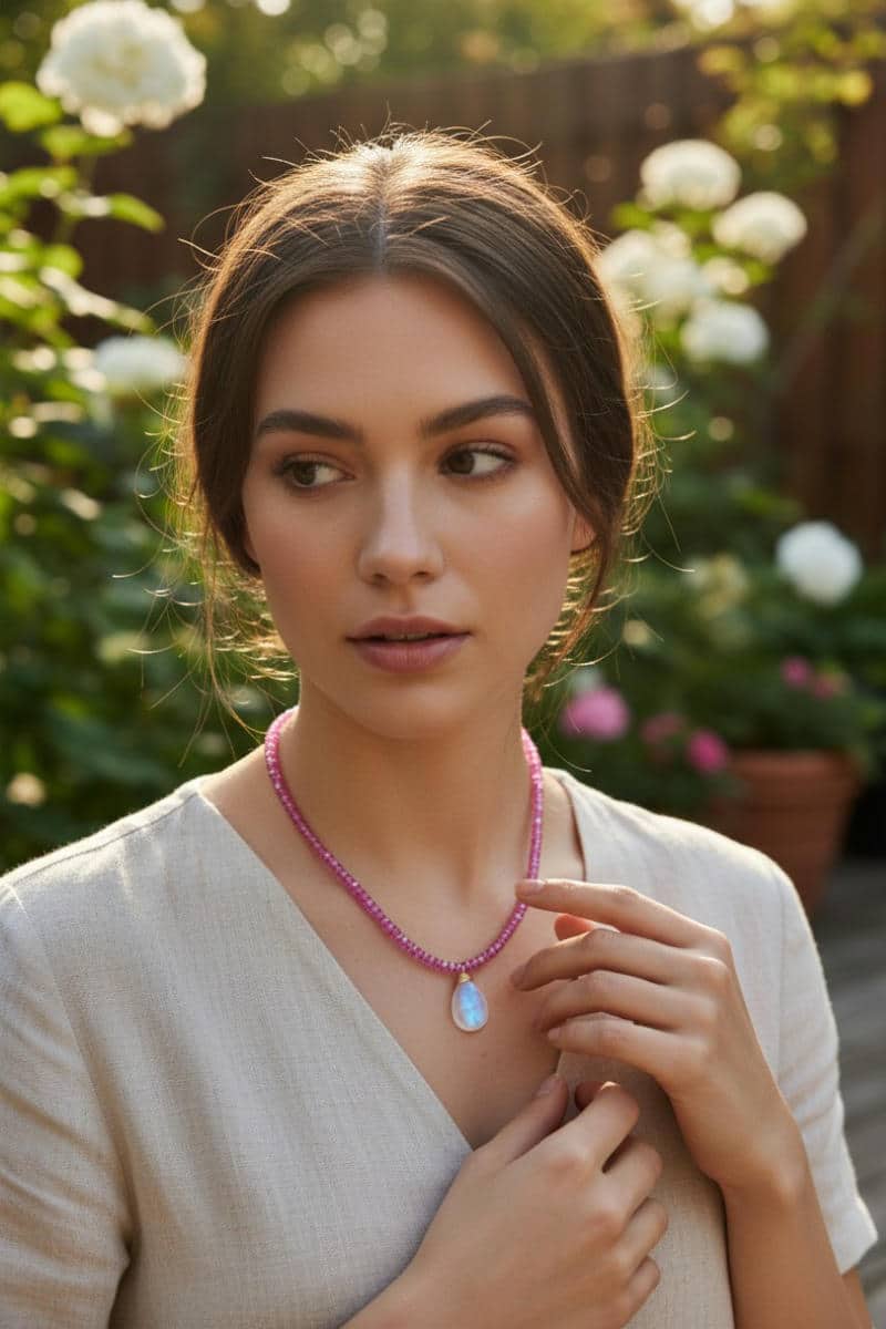 Rainbow Moonstone & Ruby Necklace — A Spark of Love - Image 2