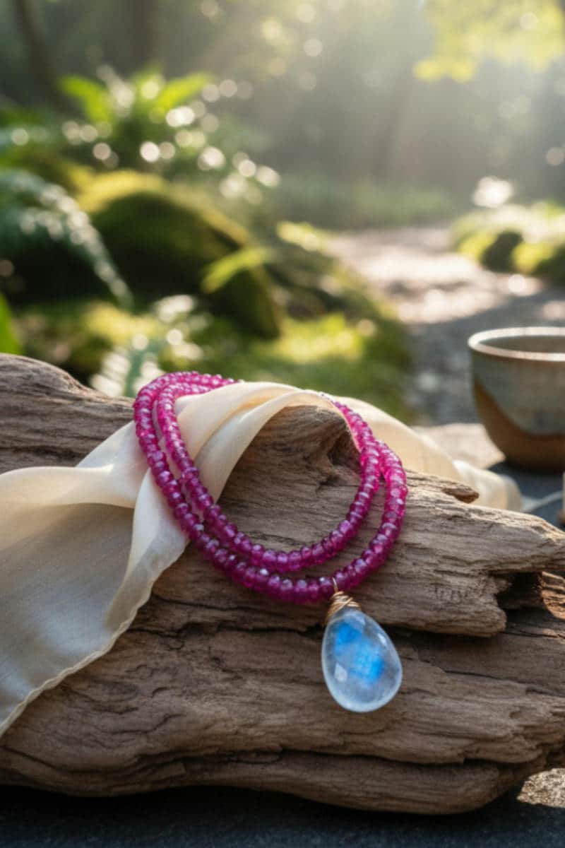 Rainbow Moonstone and Ruby Necklace
