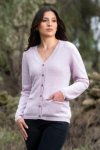 100% Pure Baby Alpaca Essential Cardigan in Orchid Ice - A Cool, Icy, Lavender-Pink