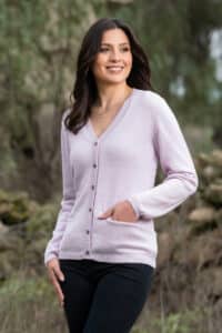 100% Pure Baby Alpaca Essential Cardigan in Orchid Ice - A Cool, Icy, Lavender-Pink