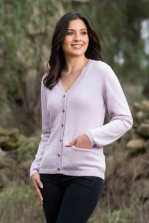 100% Pure Baby Alpaca Essential Cardigan in Orchid Ice - A Cool, Icy, Lavender-Pink