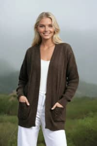 100% baby alpaca mixed stitch cardigan in natural dark rose grey - brown with flecks of grey