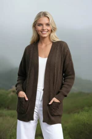 100% baby alpaca mixed stitch cardigan in natural dark rose grey - brown with flecks of grey