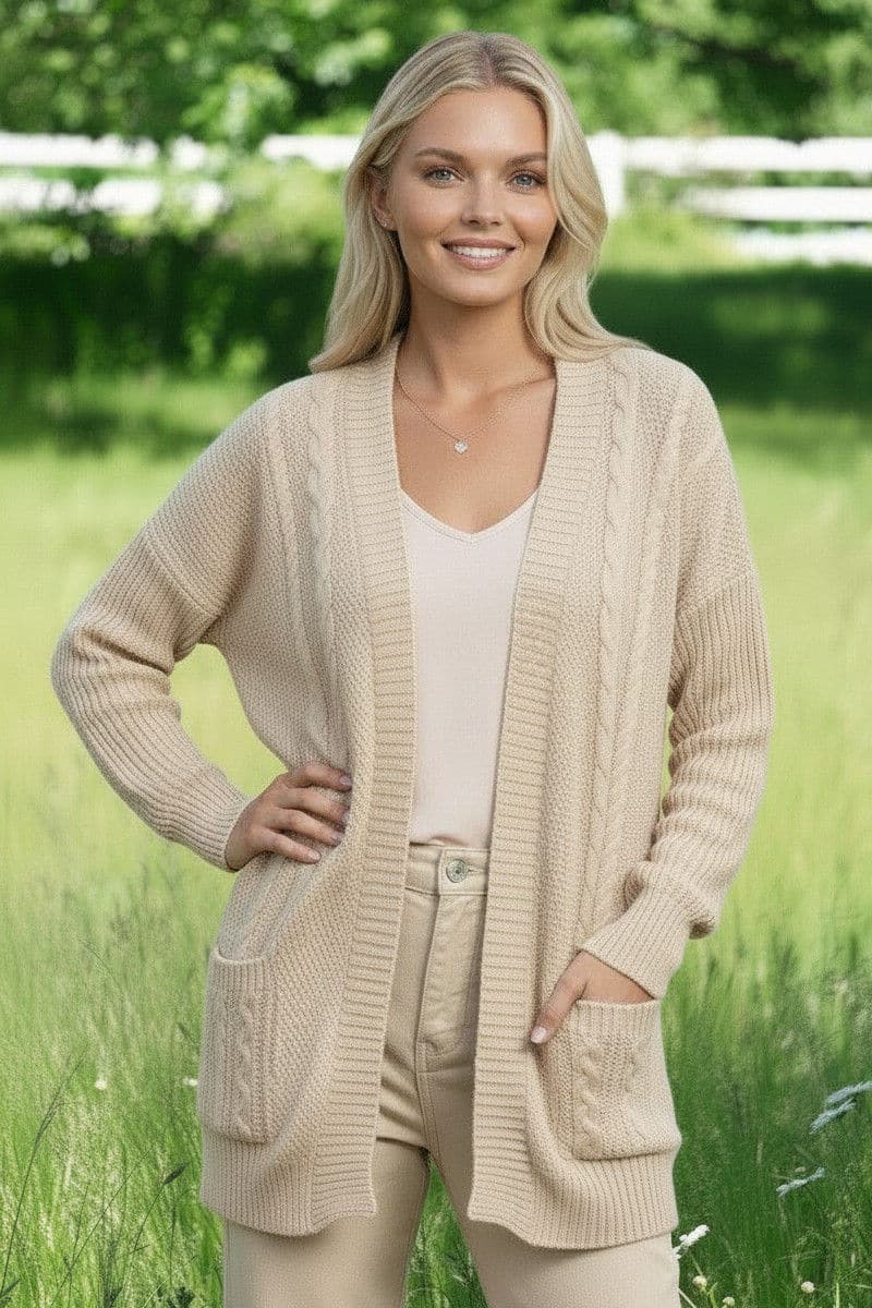 100% Pure Baby Alpaca Textured Cardigan in Creamy Beige