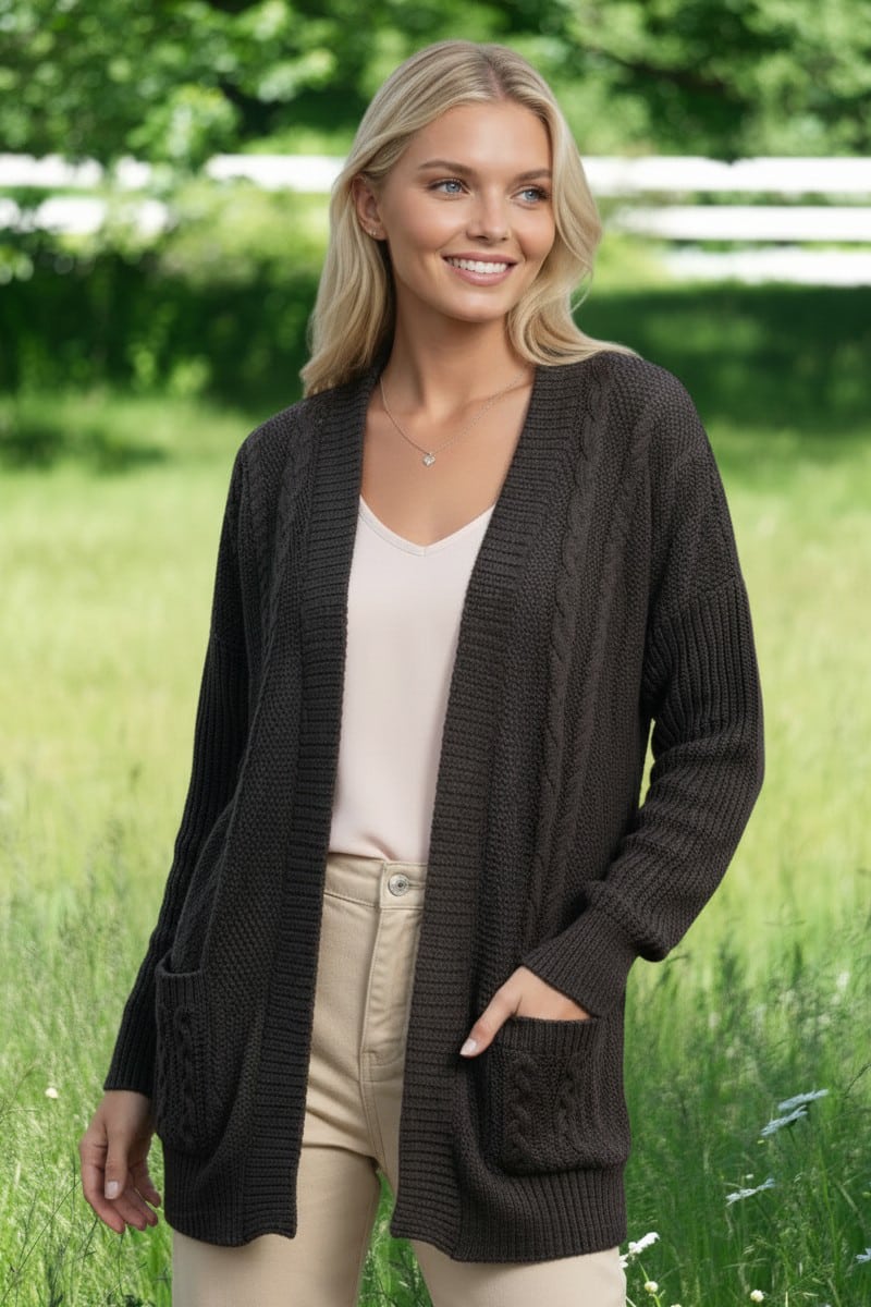 100% Pure Baby Alpaca Textured Cardigan in Black