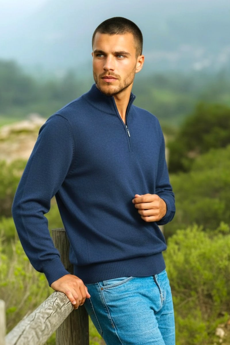 100% Pure Baby Alpaca Mens Quarter Zip in Denim