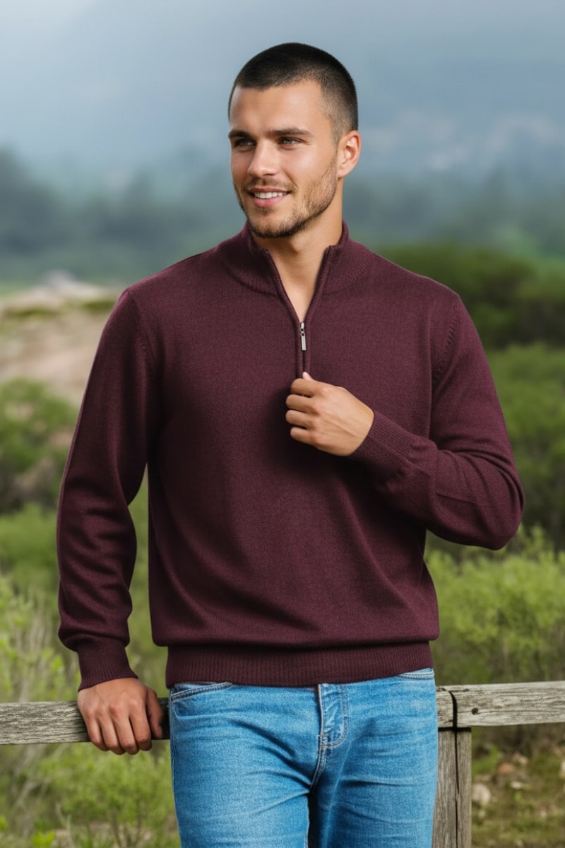 100% Pure Baby Alpaca Mens Quarter Zip in Merlot