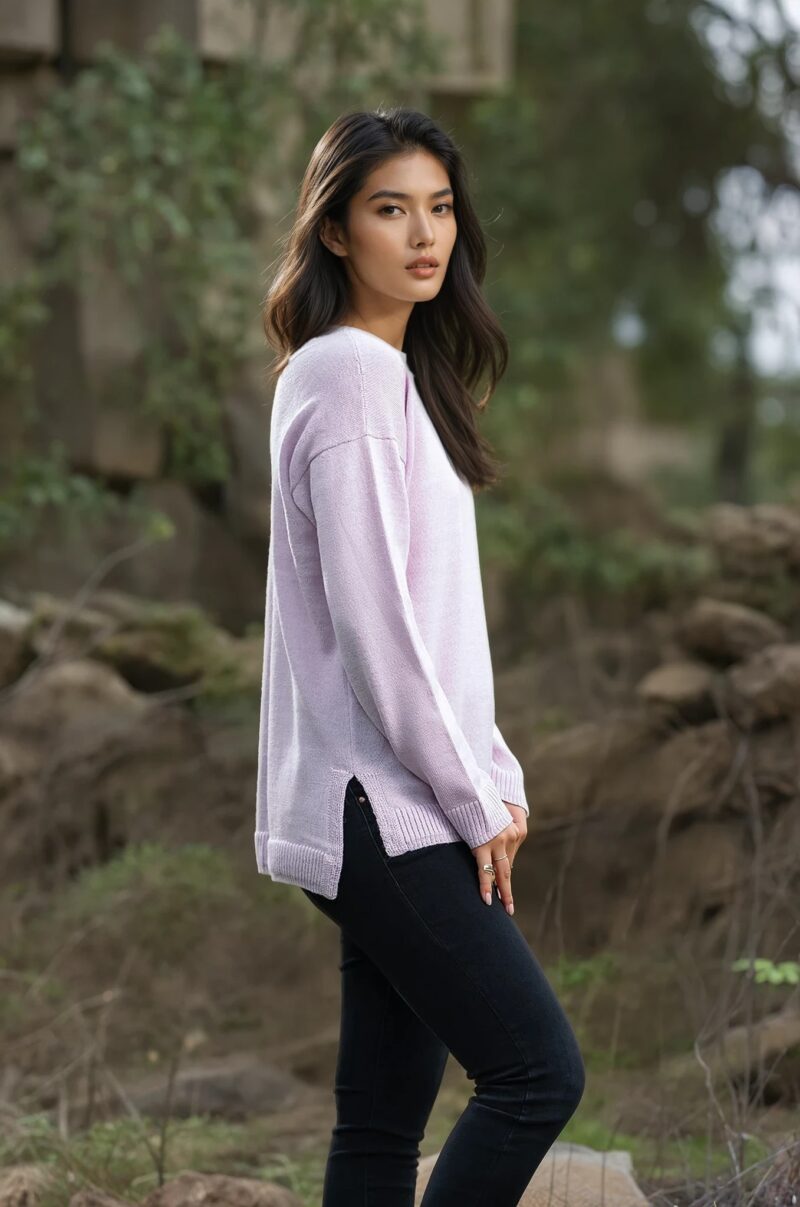 100% Pure Baby Alpaca V Neck Contemporary Pullover in Orchid Ice