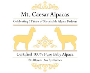 Mt. Caesar Alpacas Certified 100% Pure Baby Alpaca Content. No Blends. No Synthetics