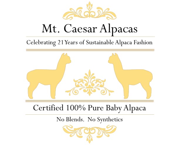 Mt. Caesar Alpacas Certified 100% Pure Baby Alpaca Content. No Blends. No Synthetics