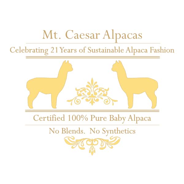 Mt. Caesar Alpacas Certified 100% Pure Baby Alpaca Content. No Blends. No Synthetics