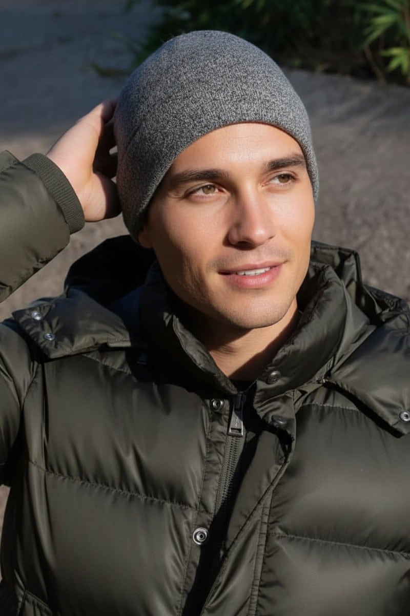 Man wearing a gray knit beanie and dark puffer jacket outdoors, looking off to the side while touching his head.
