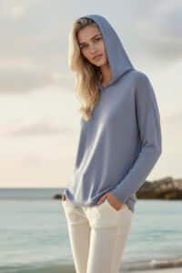 Women's Baby Alpaca Hoodie in Stonewashed Blue