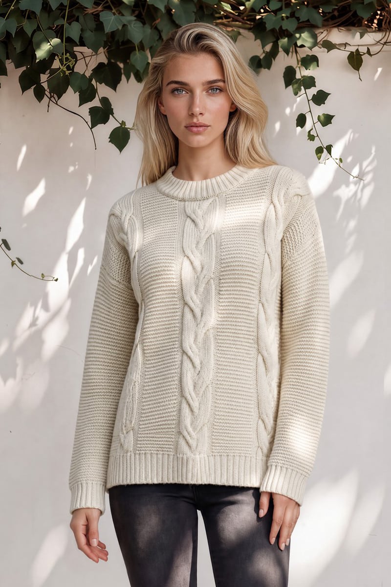 Pure Baby Alpaca Heirloom Cable Women's Sweater in Cream and Wine colors