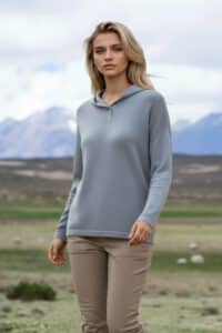 Women's Baby Alpaca Hoodie in Stonewashed Blue